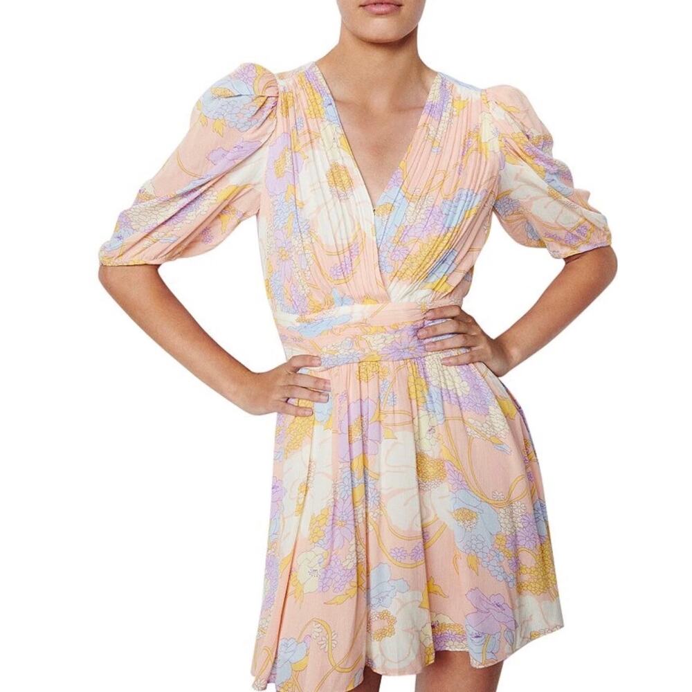 BA&SH Noam Dress Pastel Floral Short Sleeve Faux Wrap Mini Swing Dress Size M